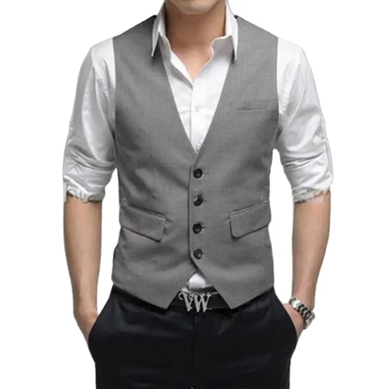 waistcoat for men grey fabric sleeveless waistband single breasted v-neck men's vests & waistcoats