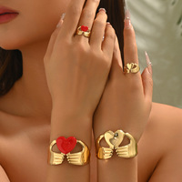 Ensemble bracelet et bague en alliage de style européen-américain, design cœur goutte d'huile, ajustable, ouvert, polyvalent