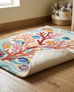 Tapis de sol en laine fait main motif corail et poissons, texture tuftée à la main, couleur rouge ivoire, style tropical, pour chambre d'enfant, chambre à coucher, chambre des enfants - Product Image 6
