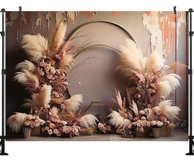 Boho Pampas Grass Floral Arch Photography Backdrop Pink Dried Flower Wall Background for Wedding Party Studio Decor