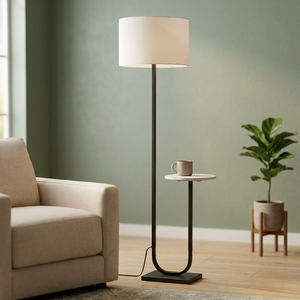 Modern Minimalist LED Floor <b>Lamp</b> with E27 Base White Drum Shade Metal Frame and Side <b>Table</b> for Living Room Bedroom - Product Image 5