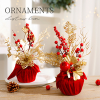 Ornements de table de Noël aux baies rouges avec feuilles dorées et fleurs pour la décoration de la maison et du bureau, décoration de Noël en tissu rouge