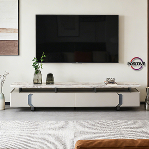 Mueble de TV de Lujo con Tapa de Mármol Natural, Base Flotante de MDF y Detalles Geométricos, Mueble Artístico <span class=keywords><strong>para</strong></span> el Hogar - Product Image 1