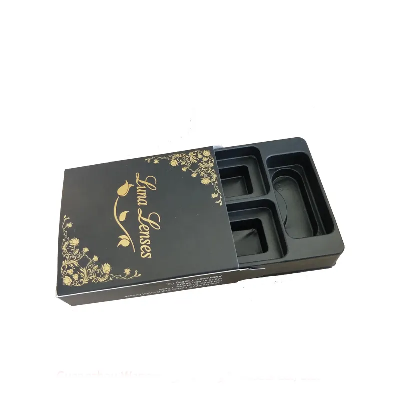 Benutzer definierte Gold Hot Stamp ing Black Kontaktlinsen-Verpackungs boxen mit PVC-Tablett