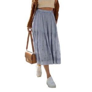 Jupe midi en coton brodée pour femme, gris bleu, couleur unie, style fluide, style japonais coréen, loisirs, tailles S M L XL - Product Image 5