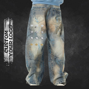 سراويل جينز دينم عالية التمدد بتصميم فضفاض عالي الخصر بحمض مغسول جينز دينم عتيق - Product Image 1