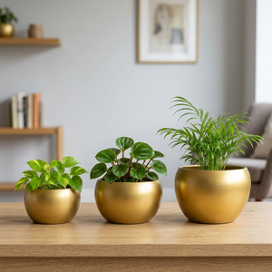 Modern Gold Metal Round Planters 3 Piece Set <b>Small</b> Decorative <b>Pots</b> For Indoor Desk - Product Image 4