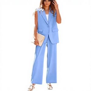 Women's Sleeveless <b>Blazer</b> <b>Set</b> Loose Fit Wide Leg Pants Two Piece Suit Casual Spring Summer Solid Color Blue Polyester - Product Image 1