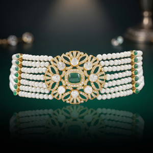 Designer 18K Gold Diamond And Polki Crystal Choker Kundan Style Necklace With <b>Emerald</b> Gemstone <b>Studded</b> With Pearls - Product Image 2