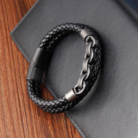 Bracelets pour hommes en cuir véritable noir tissé à double couche faits à la main en acier inoxydable Bijouterie avec boucle magnétique OT-198