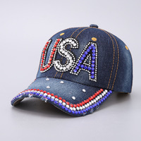 Gorra de Béisbol de Mezclilla con Pedrería de la Bandera de EE. UU. al por Mayor, Sombrero Patriótico Brillante, Accesorio de Moda para el 4 de Julio