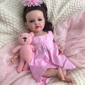 Boneka bayi silikon rambut buatan tangan panjang, boneka hadiah terbaik anak perempuan bayi kecil Reborn bentuk Almond 40CM - Product Image 2