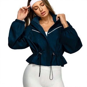 Trendy Black Women Cropped Windbreaker <b>Jacket</b> Adjustable Waist <b>Lightweight</b> Activewear Zip Up Training Top OEM ODM <b>jacket</b> for men - Product Image 5