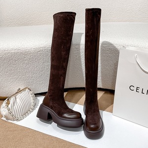 Bottines en daim style coréen élastiques et fines <span class=keywords><strong>pour</strong></span> femmes de petite taille, printemps automne 2023, nouvelles bottes mi-<span class=keywords><strong>mollet</strong></span> à semelle épaisse et bout carré - Product Image 1