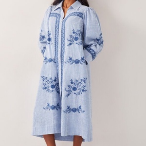 Robe en lin personnalisée 2025 pour femme, chemise décontractée en coton avec manches brodées, taille cintrée, motif rayé tissé, fabriquée en 2025 - Product Image 1