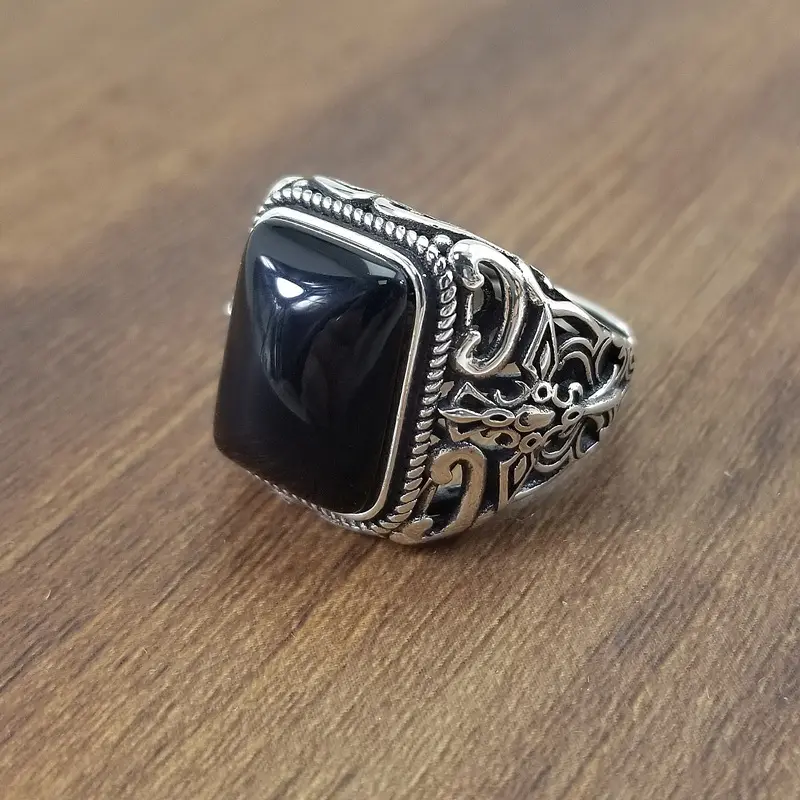 Cincin dapat disesuaikan batu akik perak Sterling 925 untuk pria cincin mode pria oksida Onyx hitam perhiasan cincin mode