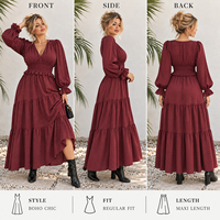 Robe longue femme style bohème chic à col en V, manches évasées, taille smockée et volants étagés - Couleur de tissu personnalisable, marque privée, vente en gros