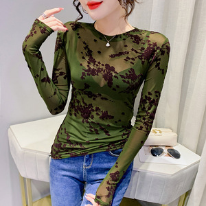 Áo kiểu xuân thời trang dễ phối cổ tròn thanh lịch retro tay dài lưới phối ren tôn dáng - Product Image 6