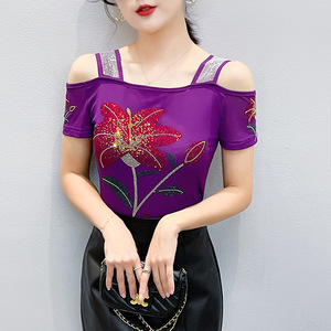 Nueva Blusa Elegante de Doble Capa <span class=keywords><strong>con</strong></span> Pedrería y Malla de Seda Helada, Manga Corta, Hombros Descubiertos y <span class=keywords><strong>Espalda</strong></span> <span class=keywords><strong>con</strong></span> Diseño Atractivo - Product Image 1