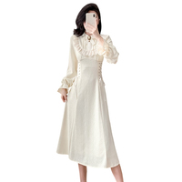 Robe midi élégante pour femme à manches longues, col à volants, taille lacée avec nœud décoratif, pour le printemps, l'automne, décontractée ou de soirée