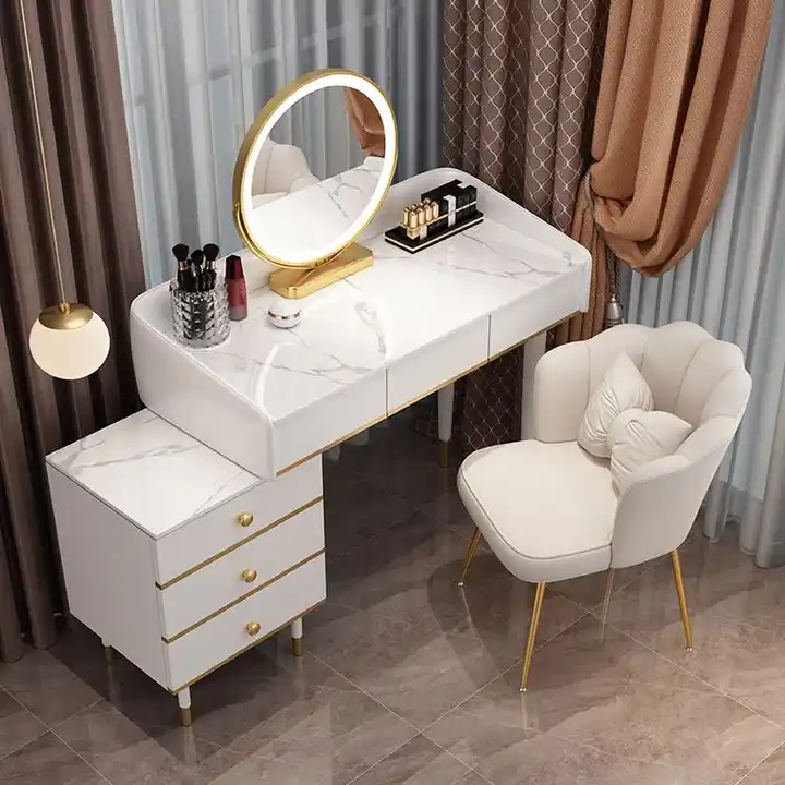 GUAWJRZDP Conjunto de mesa de maquiagem com cadeira, espelho de luz  rotativo de 360°, três modos de iluminação, com 4 gavetas, móveis de quarto  elegantes para meninas (cor: branco A-2, tamanho: 70cm)