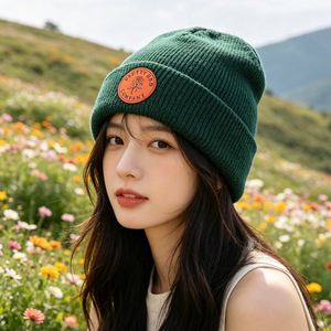 Custom 100% Merino Wool Knit Beanie Hat with Leather Patch, Ribbed Cuffed <strong>Winter</strong> Warm Skull <strong>Cap</strong> for Men &amp; Women - Product Image 3