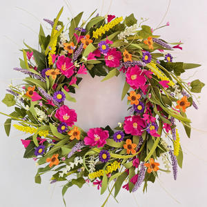 春の人工椿の花輪、デイジーとラベンダーの家のドア掛け飾り、イースター用のカラフルな野花 - Product Image 6