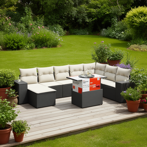 Ensemble de salon de jardin en rotin blanc crème et noir, 6 places, mobilier d'extérieur, design contemporain - Product Image 2