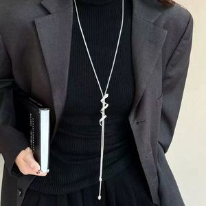Korean Style Long Snake Chain Necklace Silver Zinc Alloy Geometric Pendant Daily Wear Fashion Accessory for Women - Product Image 1