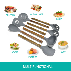7 Piece Kitchen <b>Tools</b> Cookware Wares Accessories Acacia Wooden Bamboo <b>Silicone</b> Appliances and Cooking Utensils Set - Product Image 5