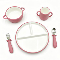 Nouvelle Arrivée Vaisselle en Porcelaine pour Enfants Assiette et Bol en Céramique Rond avec Manchon en Silicone et Base Ventouse pour Bébés et Tout-Petits