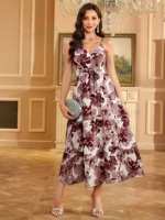 Robe longue décontractée pour femme à col en V, imprimé floral, en mousseline tissée respirante, longueur ras du sol, taille XL, taille naturelle