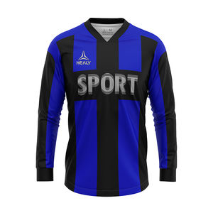 Camiseta de fútbol de otoño para hombre con diseño de rayas verticales negras y azules, 100% poliéster, cuello en V, manga larga, fútbol a prueba de viento con estilo maduro - Product Image 1