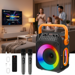 ระบบเสียงพกพาแบบดีลักซ์ พร้อมคาราโอเกะ ไมโครโฟนไร้สาย 2 ตัว สำหรับลำโพง RGB ช่องต่อ Aux แบตเตอรี่ในตัว ปรับเสียงเบส/เสียงแหลมได้ - Product Image 3