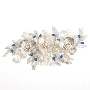 Romantic Luxury Silver Metal Leaf Wedding Pearl Hair Accessories Blue Crystal Bridal Hair Comb