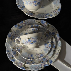 Lelyi nhà máy bán hàng trực tiếp pháp màu xanh hoa Shadow Rose Relief gốm bộ đồ ăn Set bao gồm các món ăn & tấm - Product Image 4