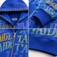 Sweat à capuche zippé TaiDe OEKO-TEX avec imprimé lettres sur toute la surface, 420 GSM, fermeture éclair cloutée, bleu roi, logo personnalisé DTG, streetwear oversize pour homme