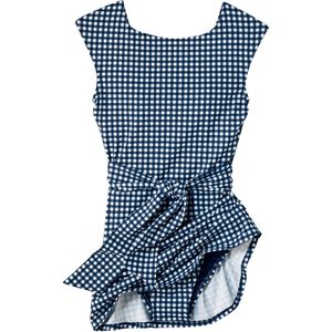 Vestido de baño mini con mangas casquillo y cinturón para mujer, azul a cuadros, corte A, de secado rápido, tipo pareo - Product Image 4