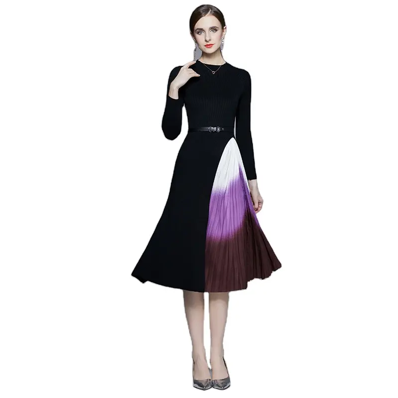Осеннее и зимнее легкое роскошное трикотажное лоскутное фиолетовое градиентное плиссированное платье с большим подолом YYX811069