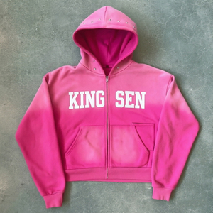 Sweat à capuche personnalisé avec impression sérigraphique, en coton lourd 400 g/m², délavé à l'acide, effet soleil, avec rivets et strass, coupe courte et ample, zippé - Product Image 4