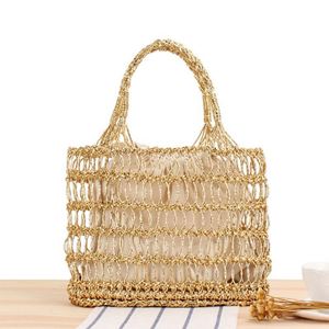 Bolso de mano de paja para mujer, diseño hueco con hilo dorado y plateado, trenzado a mano, para verano, moda, vacaciones, playa, 2024 - Product Image 1