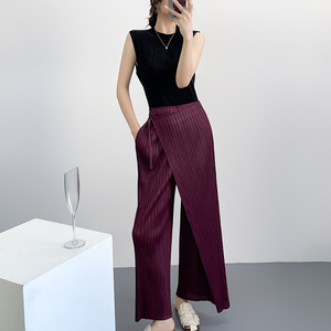 Pantalon plissé large pour femme, taille haute, coupe ample, longueur cheville, couleur unie, satin, grande taille, décontracté, disponible en ligne - Product Image 3