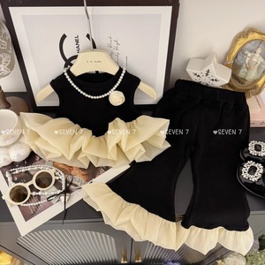Tongxingyuan Girls Summer Korean Style Black Swan Ruffled Flared Pants Two Piece Set Cotton Casual Outfit - Product Image 3