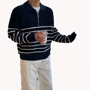 Pull rayé noir et blanc pour homme, tricot à col, niche haut de gamme, sweat-shirt de couple, polo décontracté, pull, vêtement d'extérieur - Product Image 2