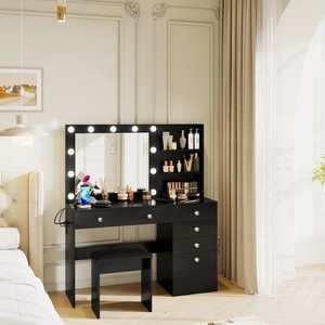 Conceptions modernes Bureau de courtoisie noir Maquillage Salon de beauté Filles <span class=keywords><strong>Commode</strong></span> en MDF <span class=keywords><strong>Grande</strong></span> coiffeuse en bois avec miroir lumineux et étagère - Product Image 5