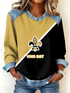 Sudadera de Mujer con Estampado Bordado Personalizado, Estilo Otoñal, Mezclilla con Parches, Transpirable, con Patrón de Gofres en la Parte Delantera - Product Image 3