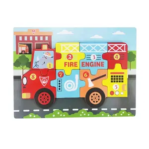 Kendaraan 3d Puzzle kayu anak-anak belajar pendidikan truk pemadam kebakaran 3D mainan