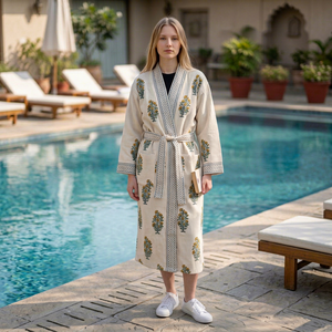 Women Floral Embroidered Waffle Robe Long Sleeve V-Neck Knee Length 100% Cotton Soft Casual Summer <b>Dressing</b> <b>Gown</b> BATH ROBE - Product Image 1
