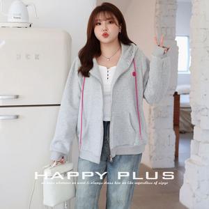 Sudadera con Capucha de Felpa Gris Happy Plus con Cremallera Rosa, Sudadera Informal para Mujer de Talla Grande, Chaqueta de Poliéster de Color Sólido N8809 - Product Image 1