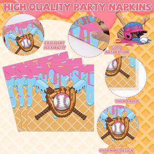 Vaisselle de fête sur le thème du baseball et de la crème glacée : Assiettes et serviettes bleues et roses pour anniversaire, camping, baby shower - Product Image 3